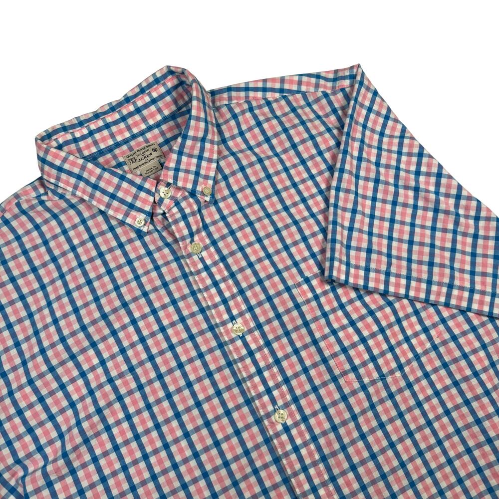 J.Crew Shirt Men's XL Pink Blue Plaid Button Up Short Sleeve Pocket 100% Cotton
